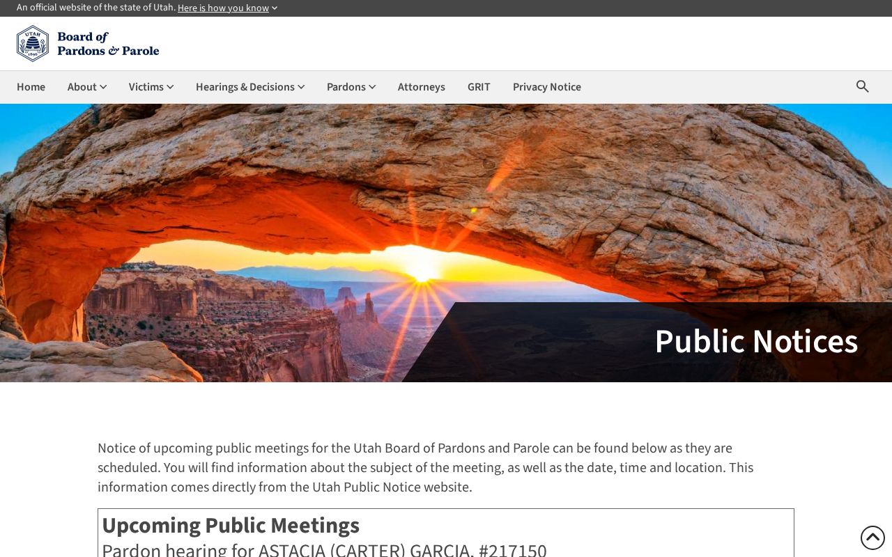 Central Utah Correctional Facility Board public notices and scheduled release proceedings