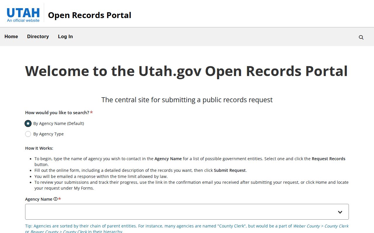 Utah open-records portal for a Morgan County booking photo request