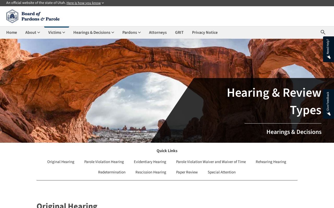 Utah State Correctional Facility parole release hearing and review types for Morgan County cases